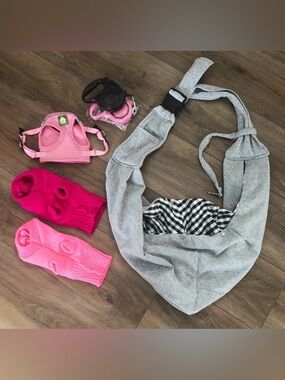 Small Dog Puppy Supplies Lot - Sling Sweaters Leashes Harness